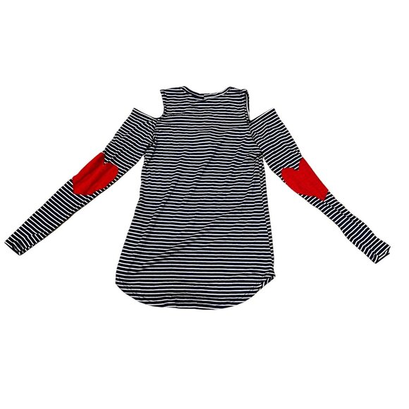 Francesca's Cold Shoulder Heart Elbow Tee Shirt Navy Blue White Stripes XS Jolie - Picture 2 of 4